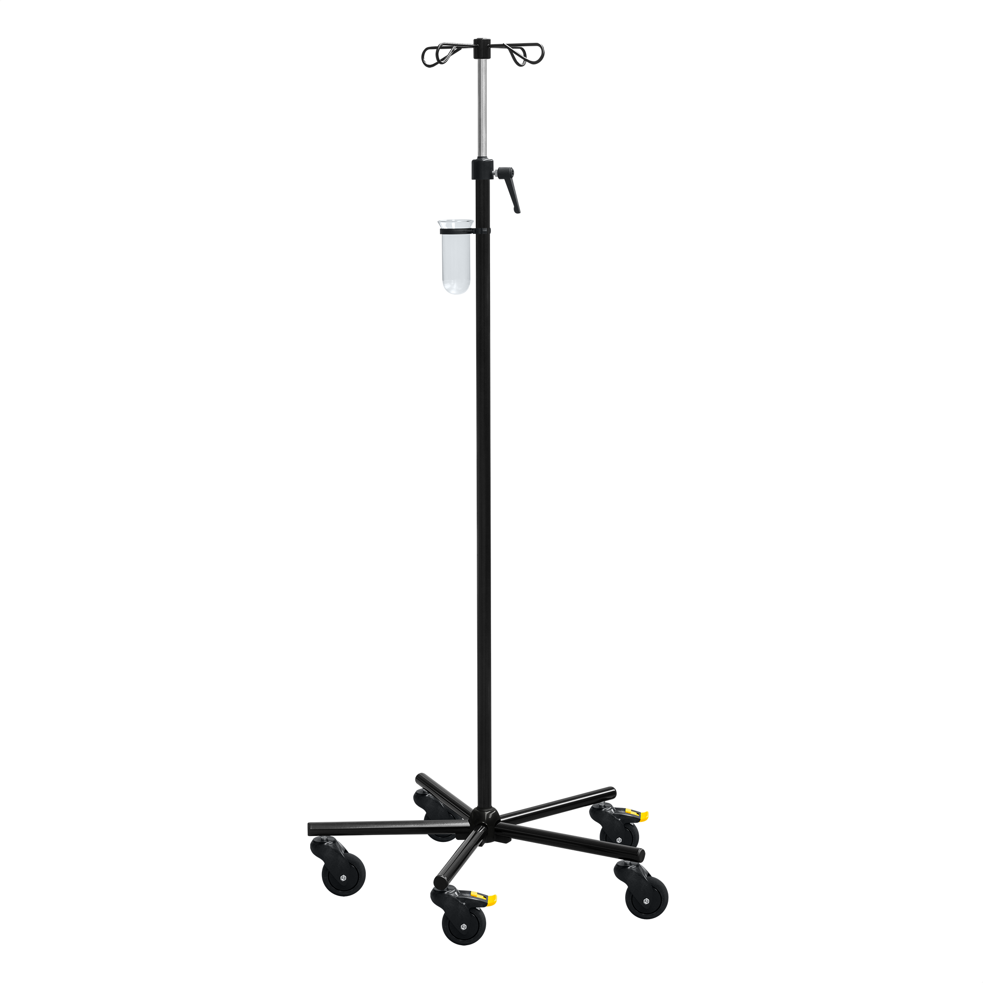 Hochwertiger MEDI-CARE Black Edition Infusionsständer mit elektrisch leitfähigen Rollen und schwarzer Pulverbeschichtung für die Verwendung in Praxen und Pflegeeinrichtungen.