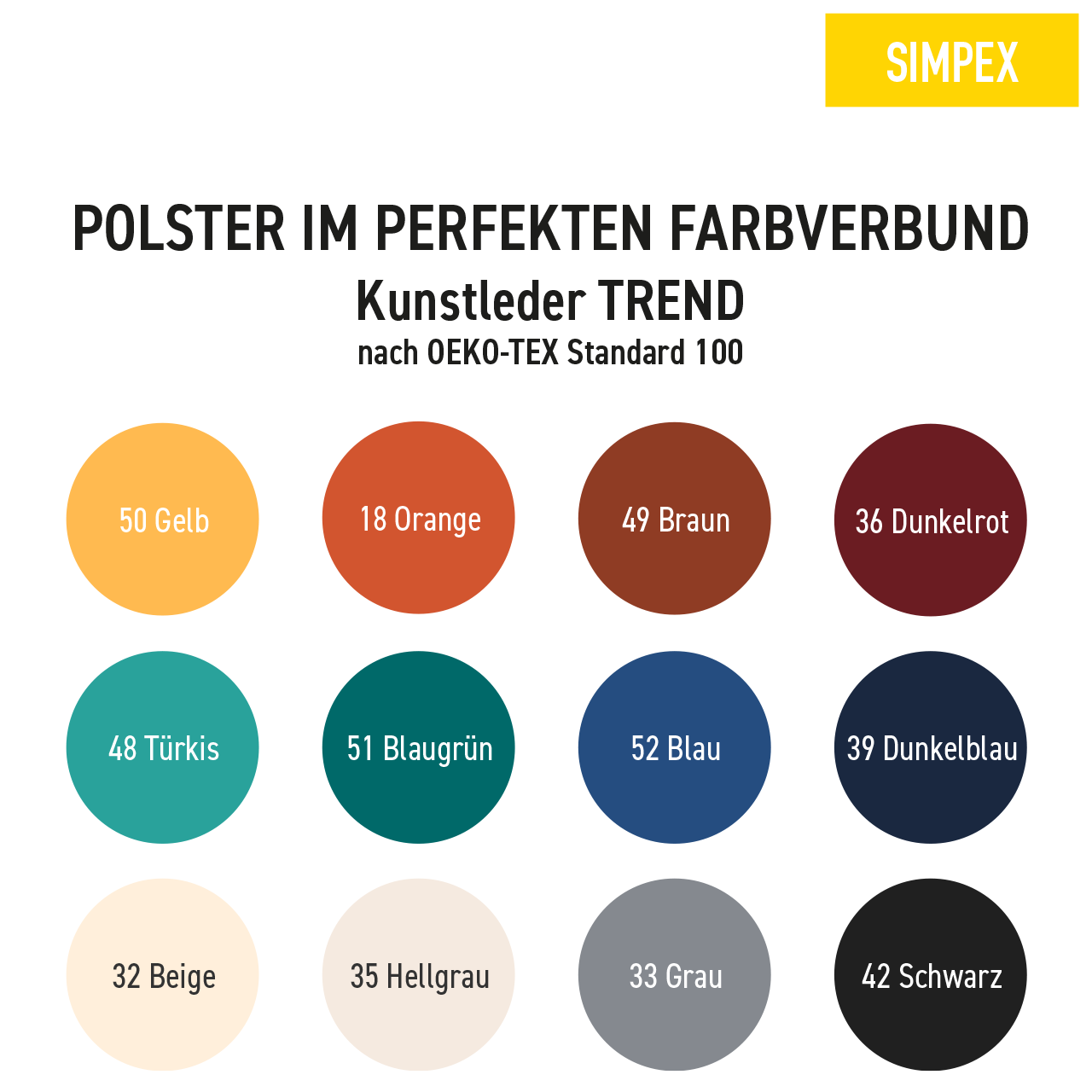 SIMPEX Kunstleder Farbkarte Farbkarte für SIMPEX Medizinmöbel Kunstleder Trend