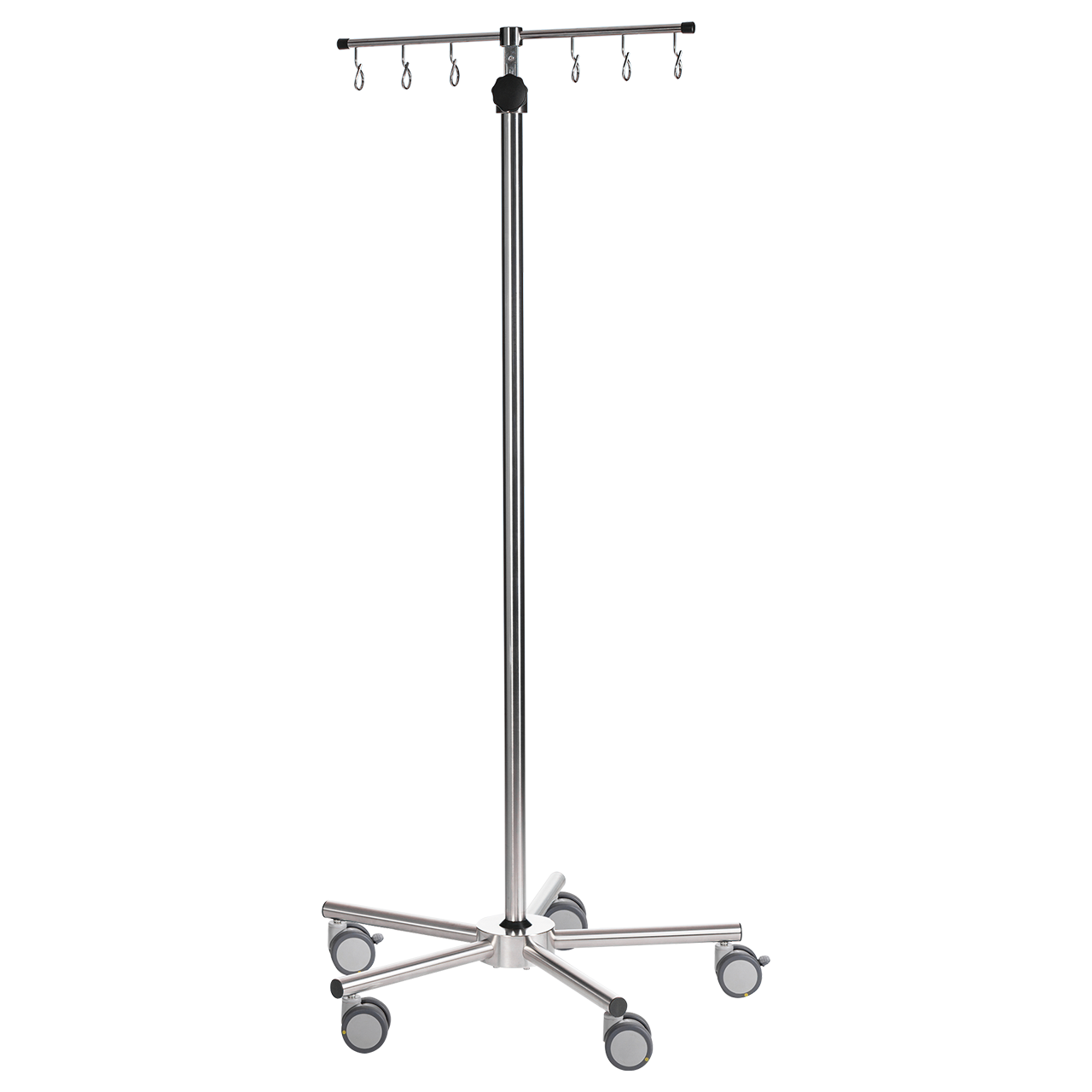 Edelstahl Pumpenständer POMPA-CARE Midi bis 35 kg ✔️ Doppelrolle 65 mm POMPA-CARE Midi Pumpenständer aus Edelstahl, elektrisch leitfähige Doppelrolle 65 mm, Höhenverstellung per Handrad, geeignet für Krankenhäuser.