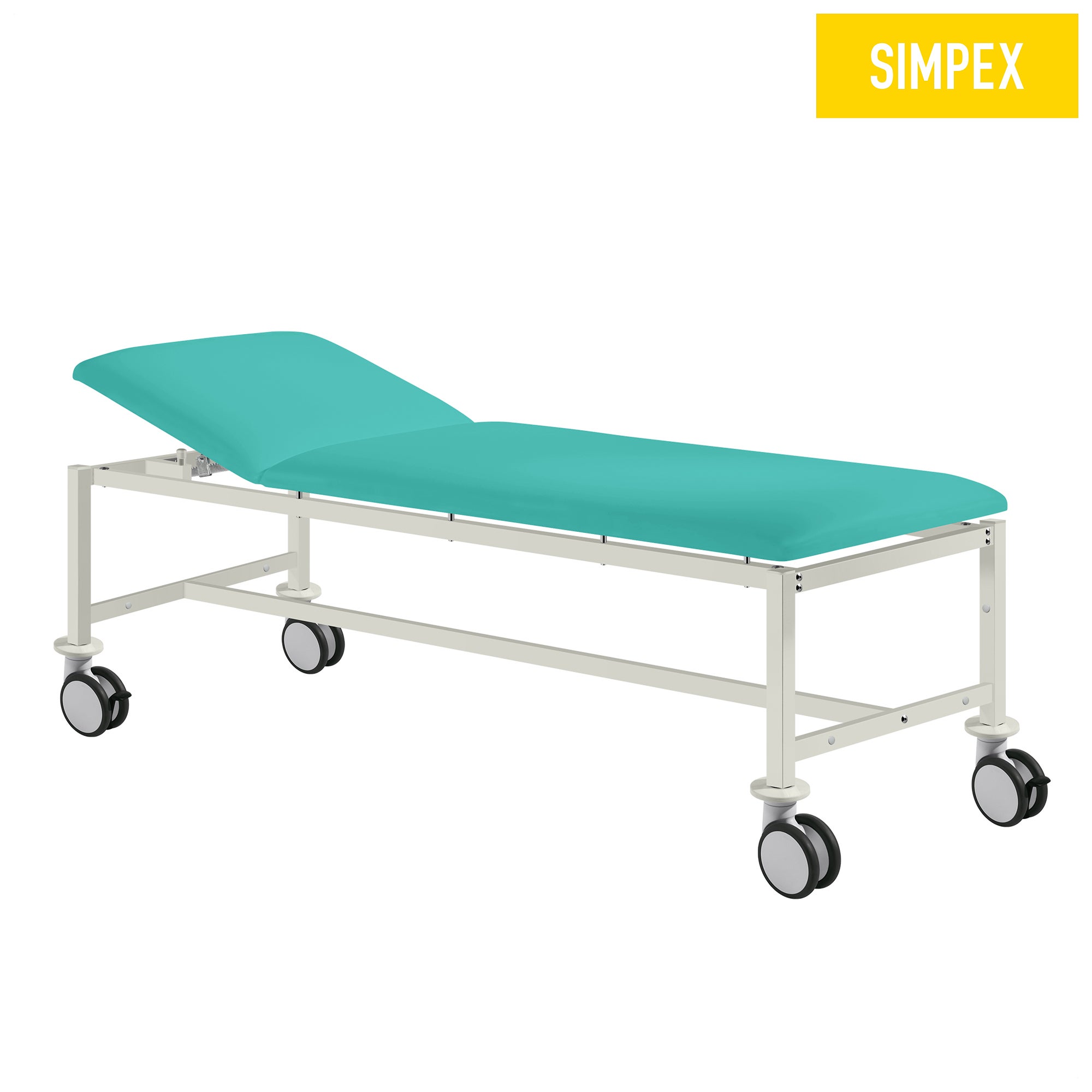 Mobil liegende HERKULES Classic in Türkis, ideal für Praxen und Kliniken, mit komfortabler Polsterung.