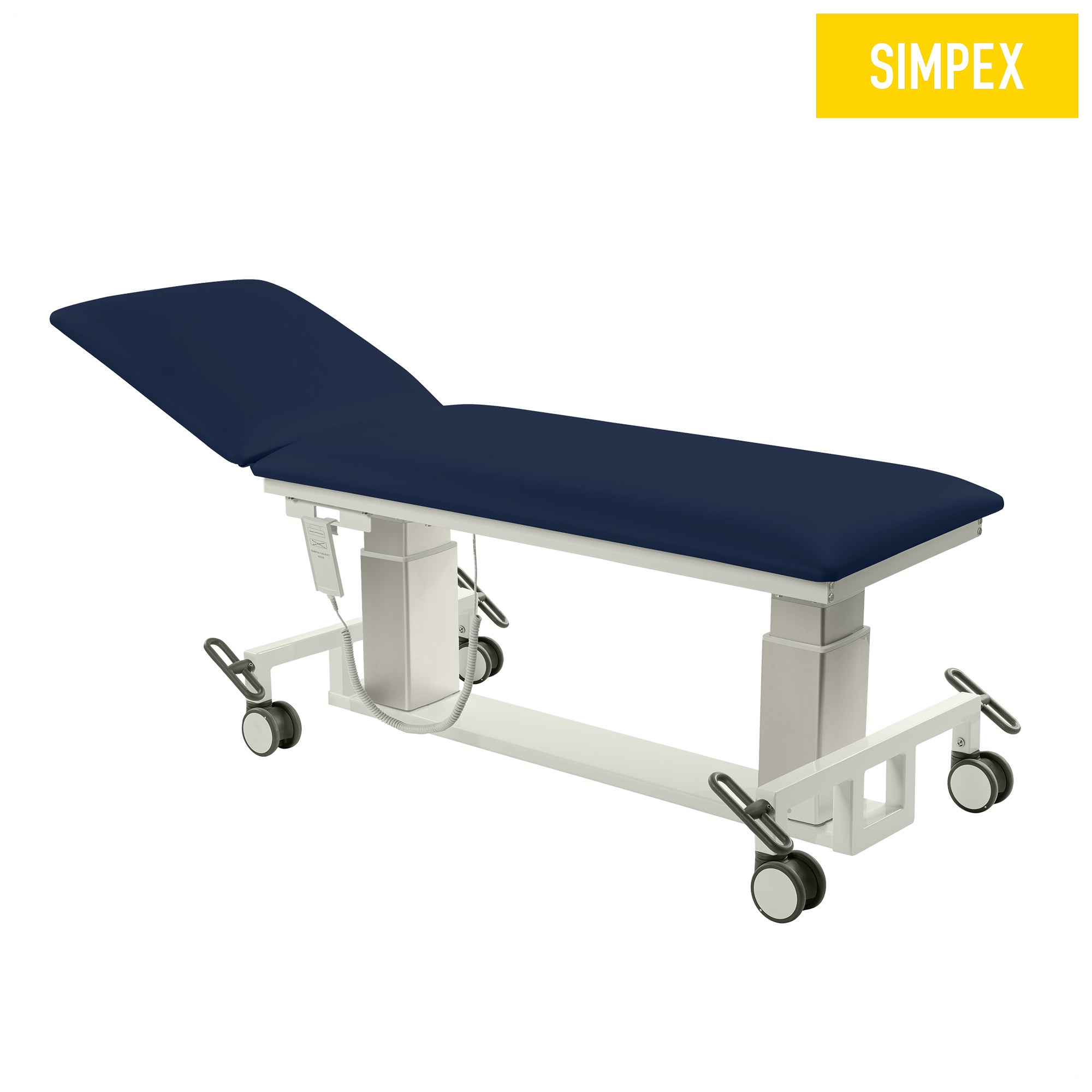 Dunkelblaue VITA-PORT Siesta Mobil Liege mit flachen Kufen und Rollen für Praxen und Krankenhäuser