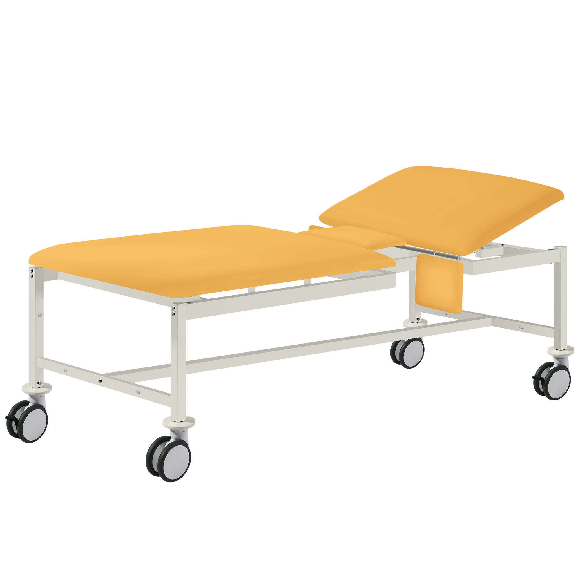 Gelbe VS-CARDIO Mobil Behandlungsliege mit komfortabler Kunstlederpolsterung und Rollen für MVZ und Kliniken.