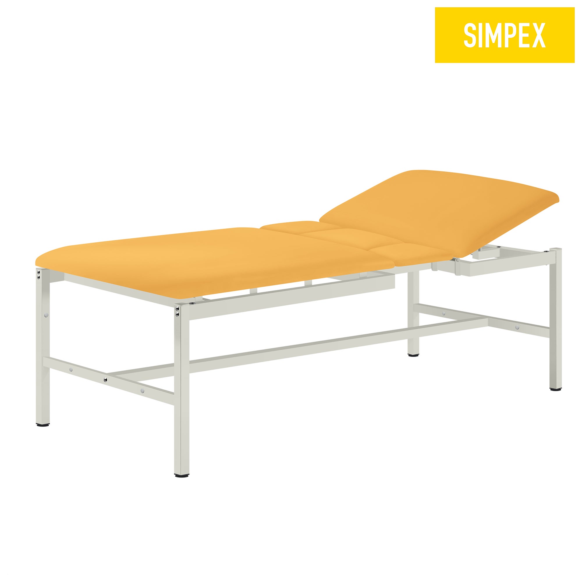 Gelbe VS-CARDIO Behandlungsliege mit Kunstlederbezug von SIMPEX, ideal für Praxen und Kliniken, mit komfortabler Polsterung und 600 kg Tragkraft.