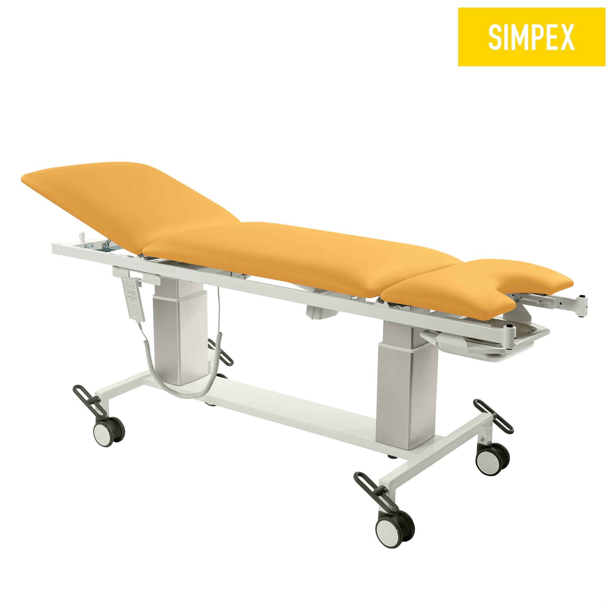 Die VITA-GYN Gyn Mobil Liege mit hohen Kufen in gelbem Kunstleder, ideal für Praxen und Pflegeeinrichtungen.