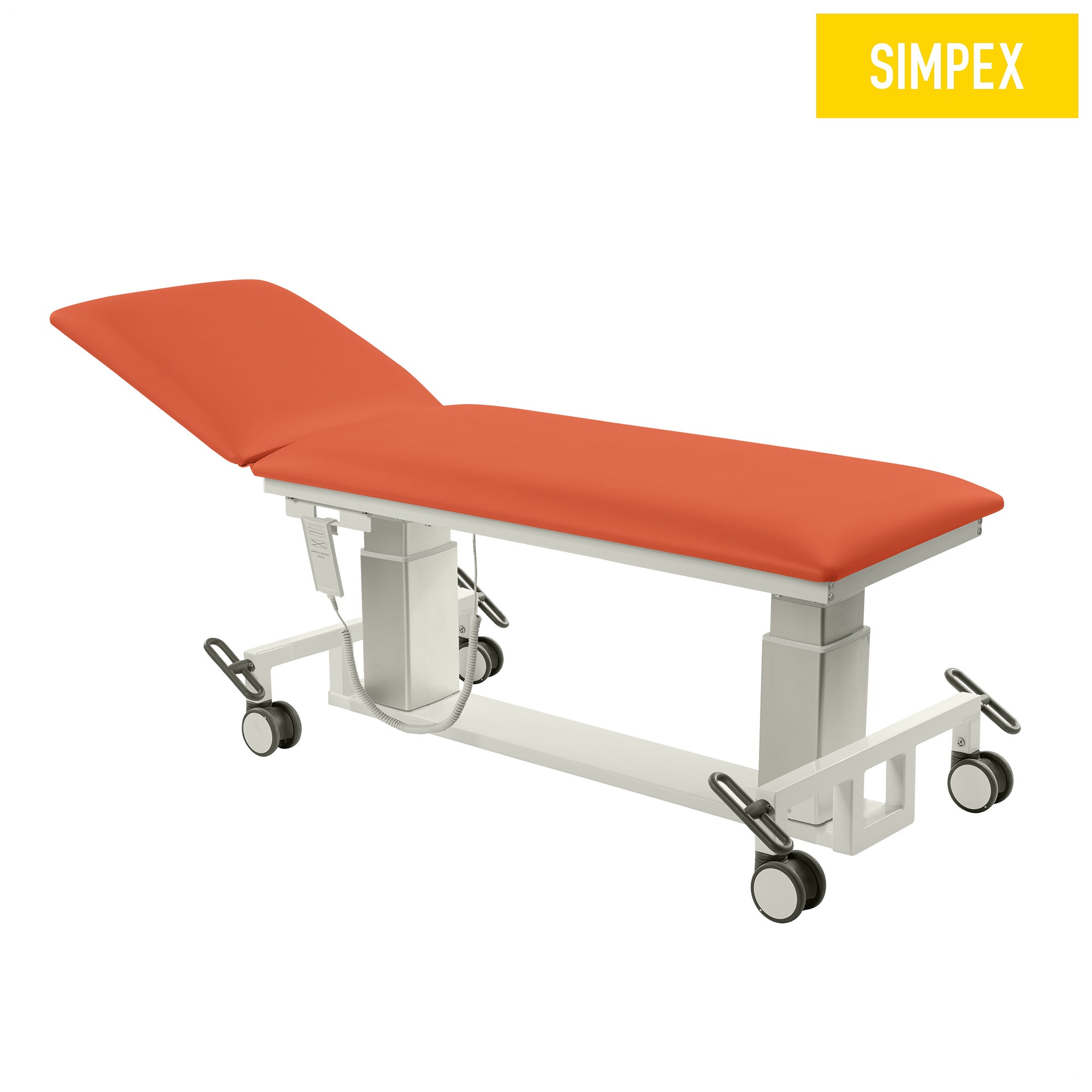 VITA-PORT Siesta Mobil mit flachen Kufen in Orange, professionelle Behandlungsliege für Pflegeeinrichtungen, ausgestattet mit Rollen und Zentralfeststellung.