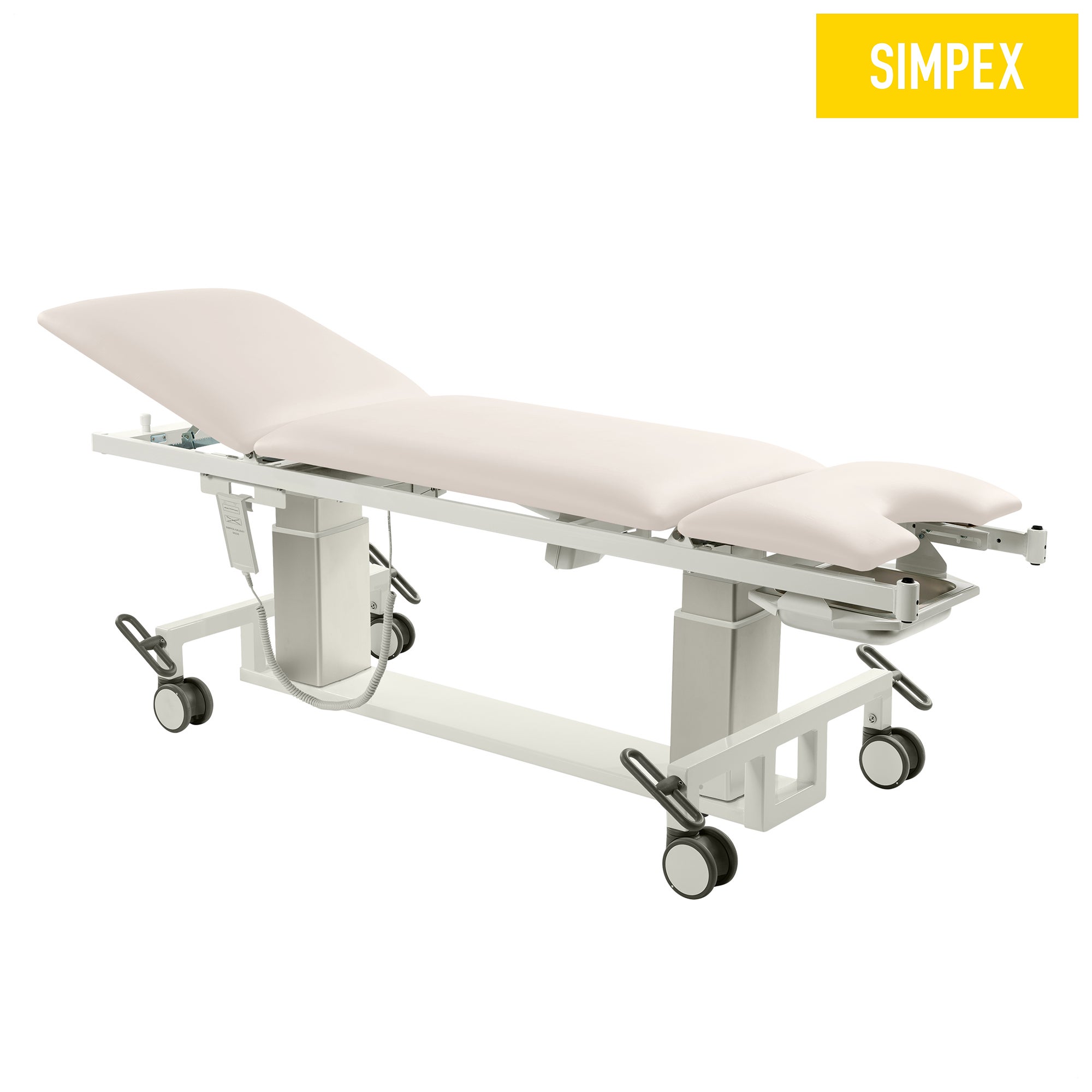 VITA-GYN Gyn Mobil mit flachen Kufen, hellgrau Polsterung und Rollen für Sanitätsräume.