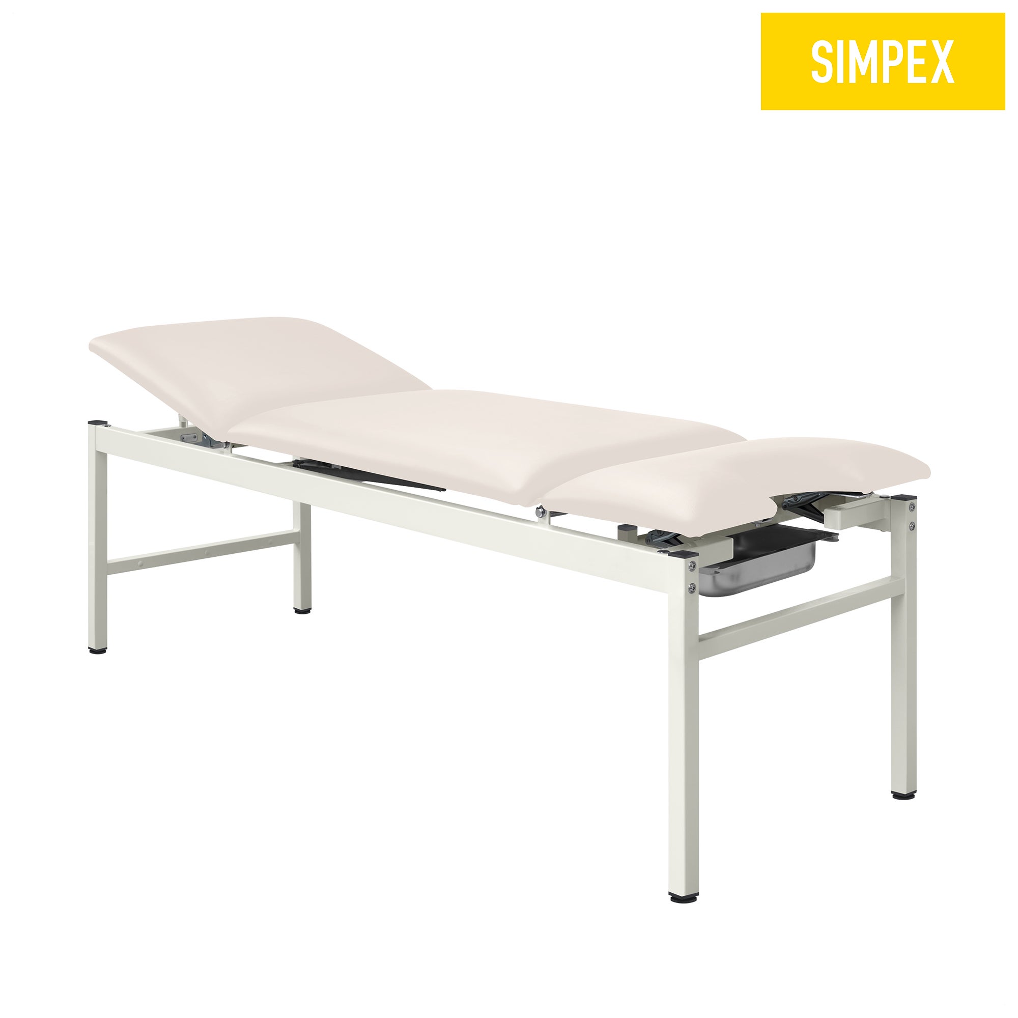 Hellgraue SIMPEX VS-GYN Behandlungsliege mit Komfortpolsterung und verchromtem Gestell, ideal für Praxen und Krankenhäuser.