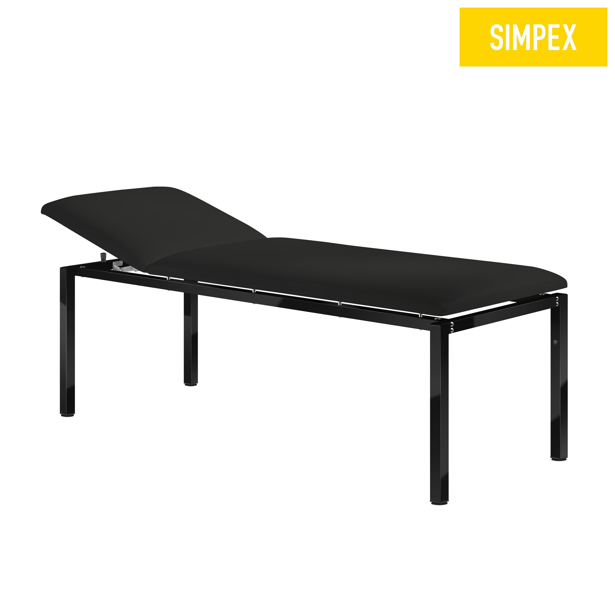 Gepulvert schwarze HELENA Black Edition Behandlungsliege mit Kunstlederpolsterung, ideal für Praxen und Pflegeeinrichtungen.