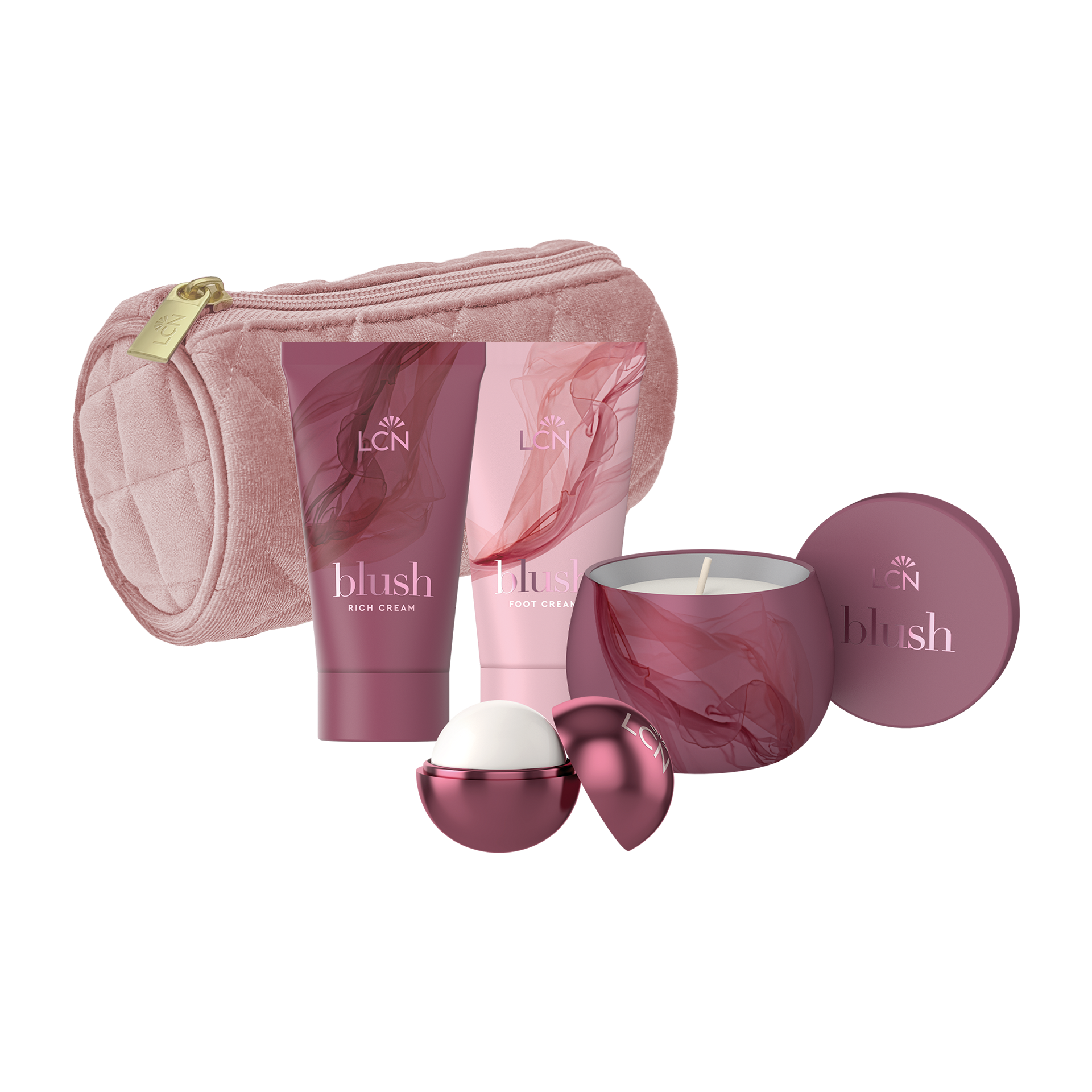 Makeup-Set, Lip/Pinse, Fußcreme, Kerze, Kosmetiktasche
