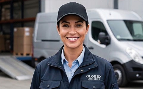 Eine lächelnde Logistikmitarbeiterin mit Cap und einer navy-blauen Arbeitsjacke mit dem Globex Logistics-Logo, stehend vor einem Lieferwagen