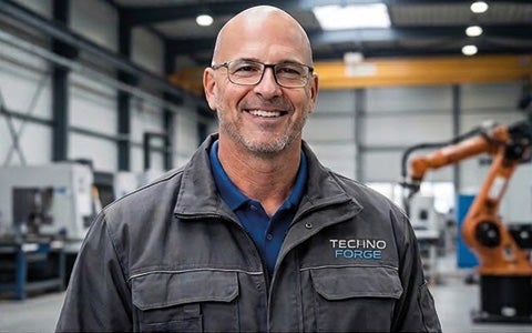 Ein erfahrener Produktionsleiter in einer modernen Fabrik mit einer Technologiefirma-Brandingjacke