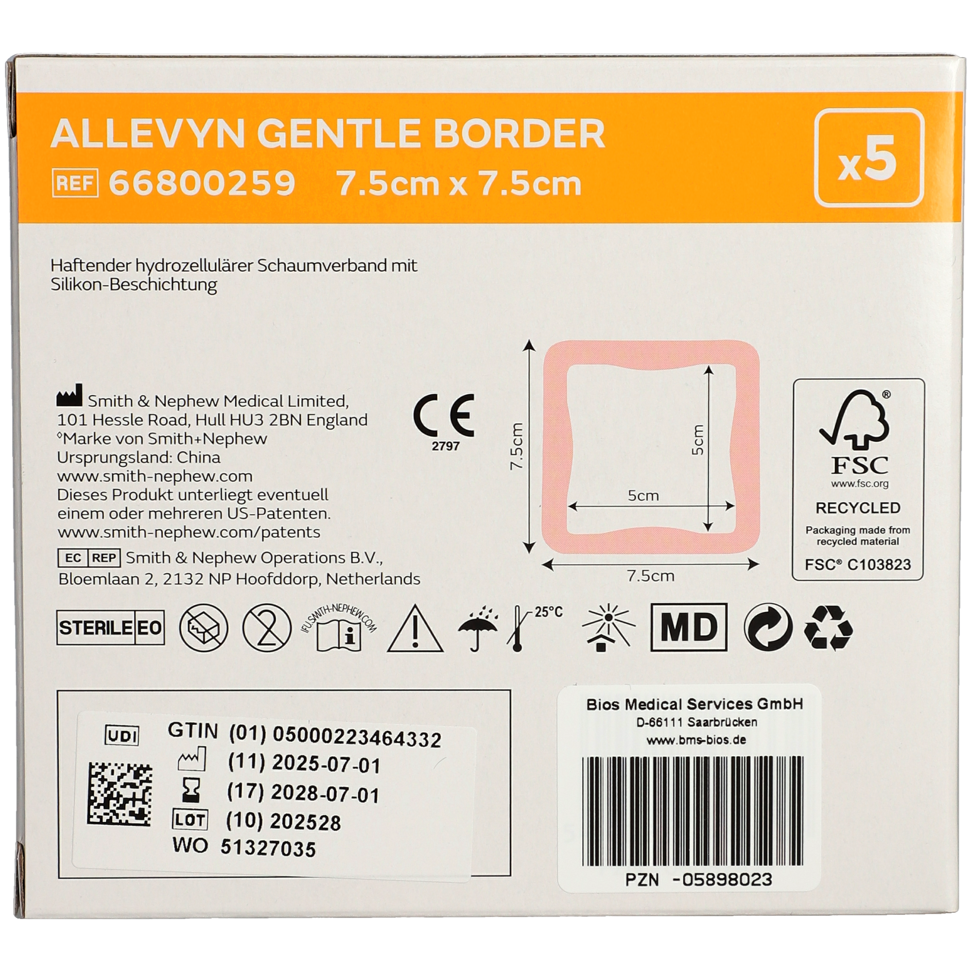 ALLEVYN Gentle Border 7,5 x 7,5 cm Schaumverband