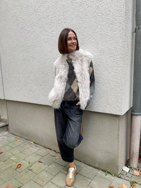 blazer, Faux Fur, Patchwork, Graue/beige Farbmuster, Mantel