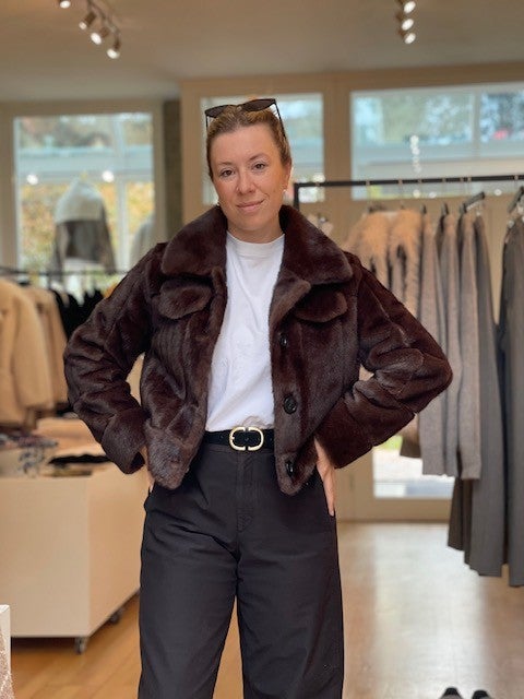 Faux fur jacket, Braune Jacke, Kurze Jacke, Langarm-Außenbekleidung, Casual Outerwear
