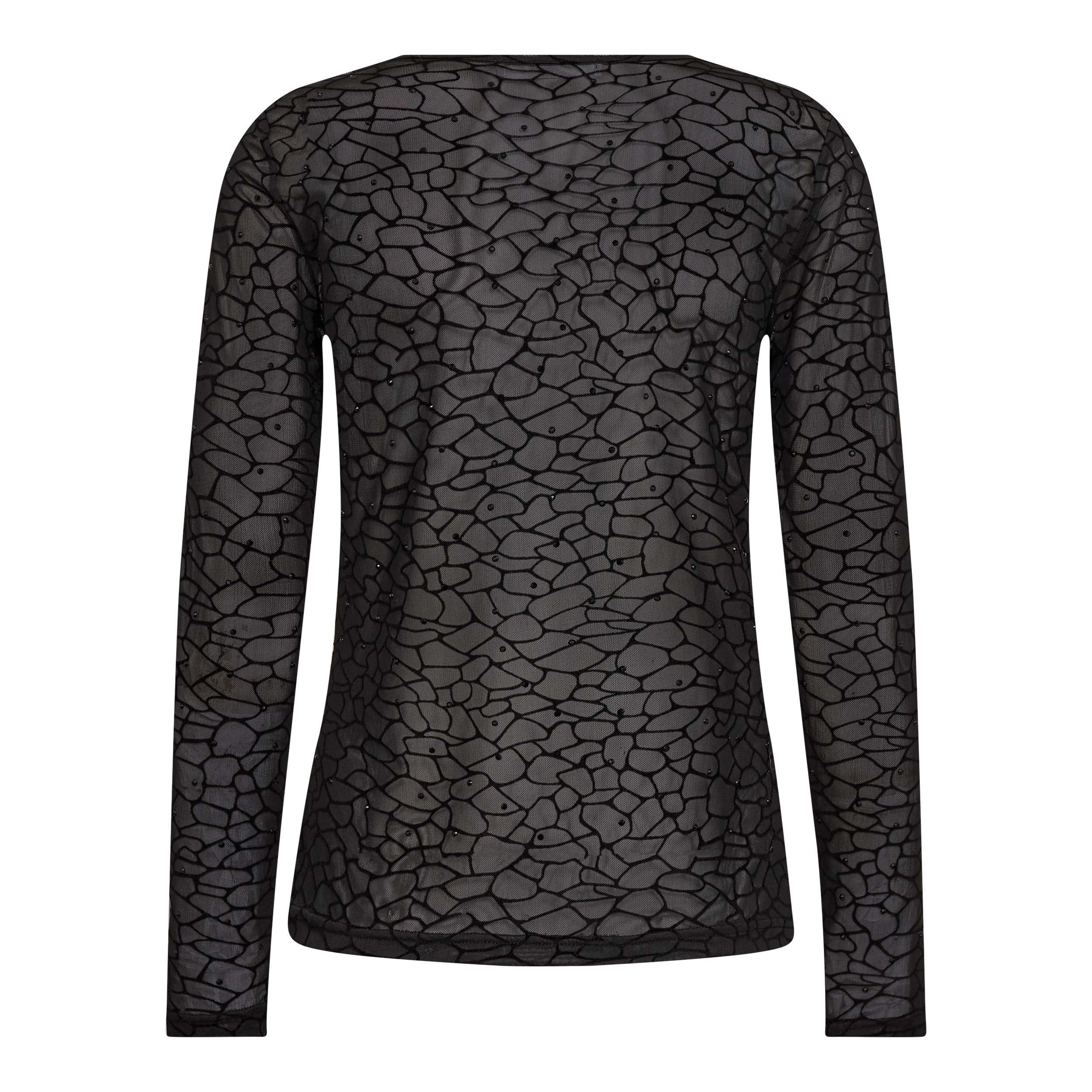 Langarmshirt, Rundhalsausschnitt, Schwarz, Netzstoff, Allover-Muster