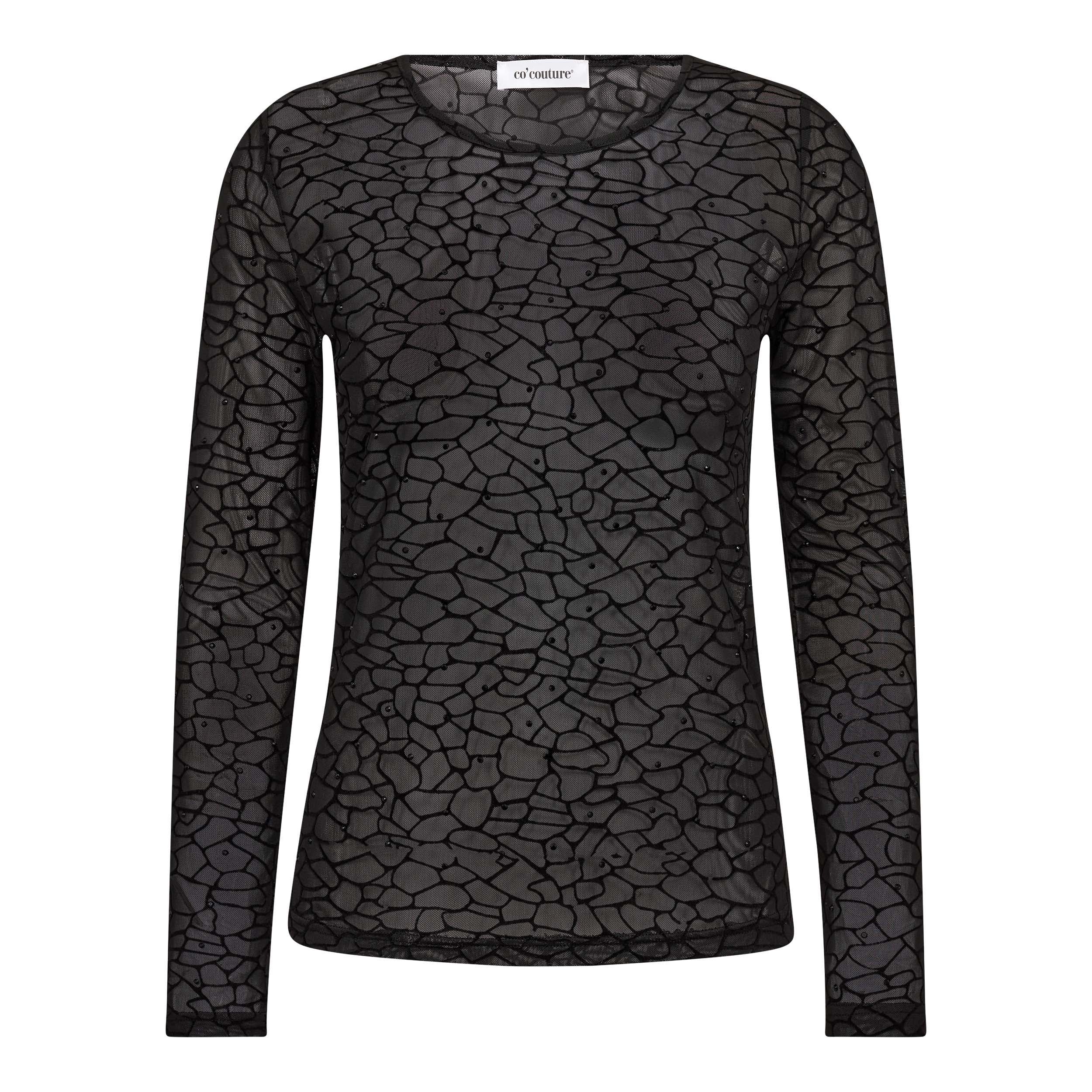 Damenoberteil, Langarmshirt, Rundhalsausschnitt, transparentes Mesh, Animalprint