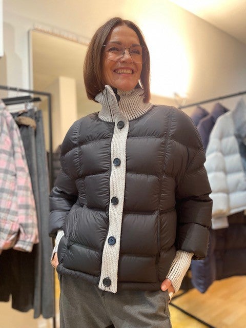 Steppjacke, schwarz, wattiert, Strickkragen, Knopfleiste