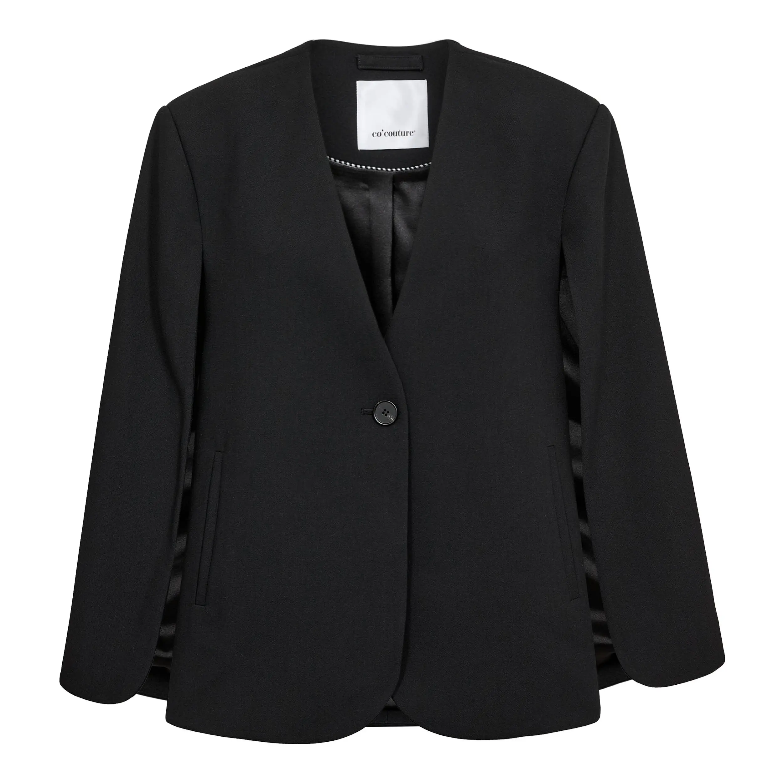 Schwarzer Blazer, Ein-Knopf-Verschluss, Kragenlos, Lange Ärmel, Seitentaschen
