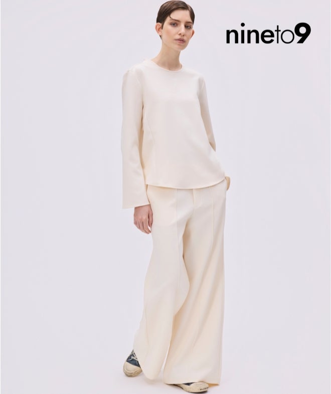 Weißes Oberteil, Weite Hose, Layered Look, Langarm, Beige, Mantel-Topset, Hose, Beige, Kragenlos, Hoch tailliert