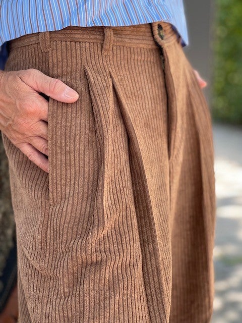 corduroy, pants, brown, pleated, front-pleat