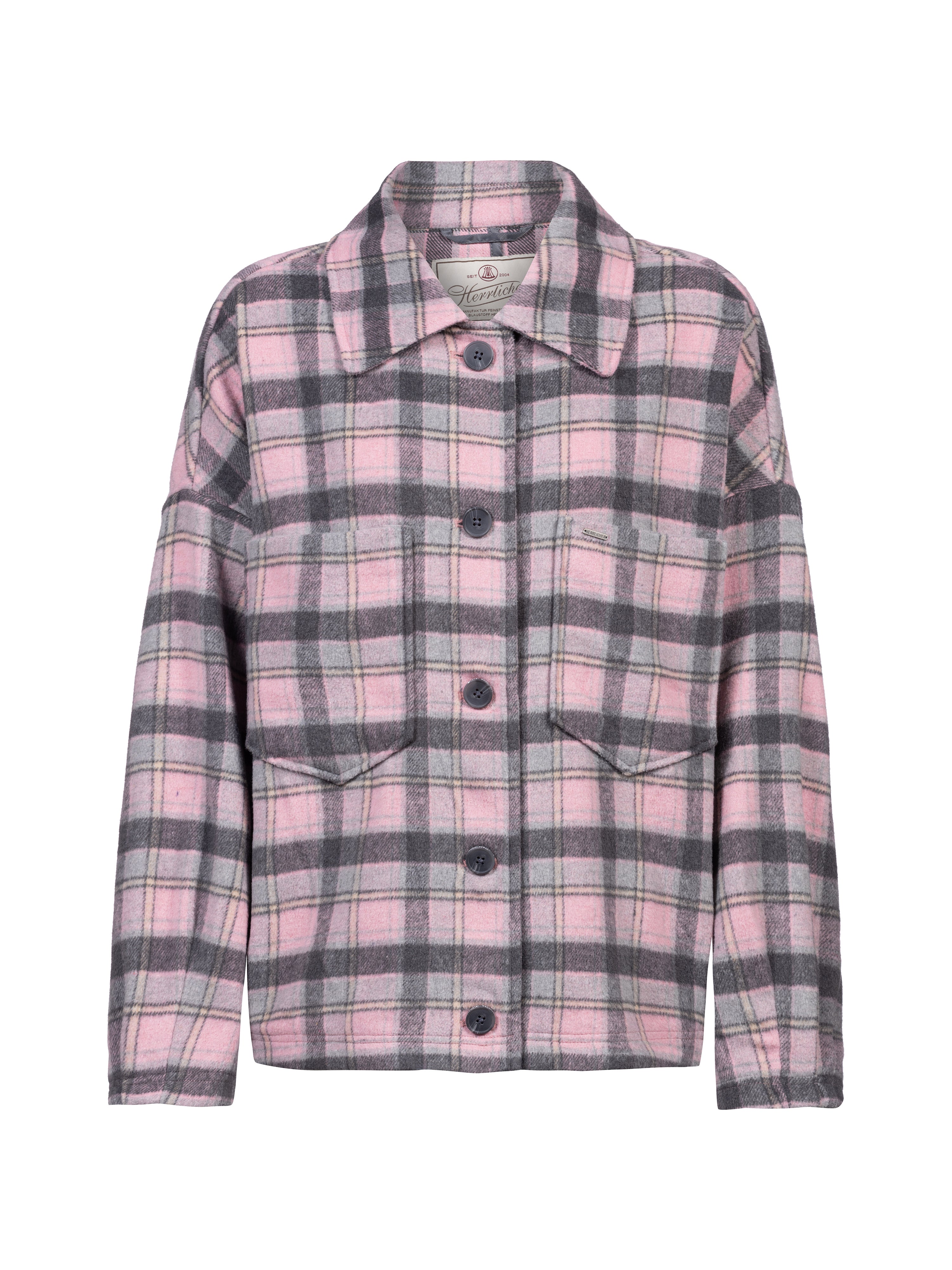 Plaid jacket,  Pink and gray,  Button front,  Chest pocket,  Wool blend