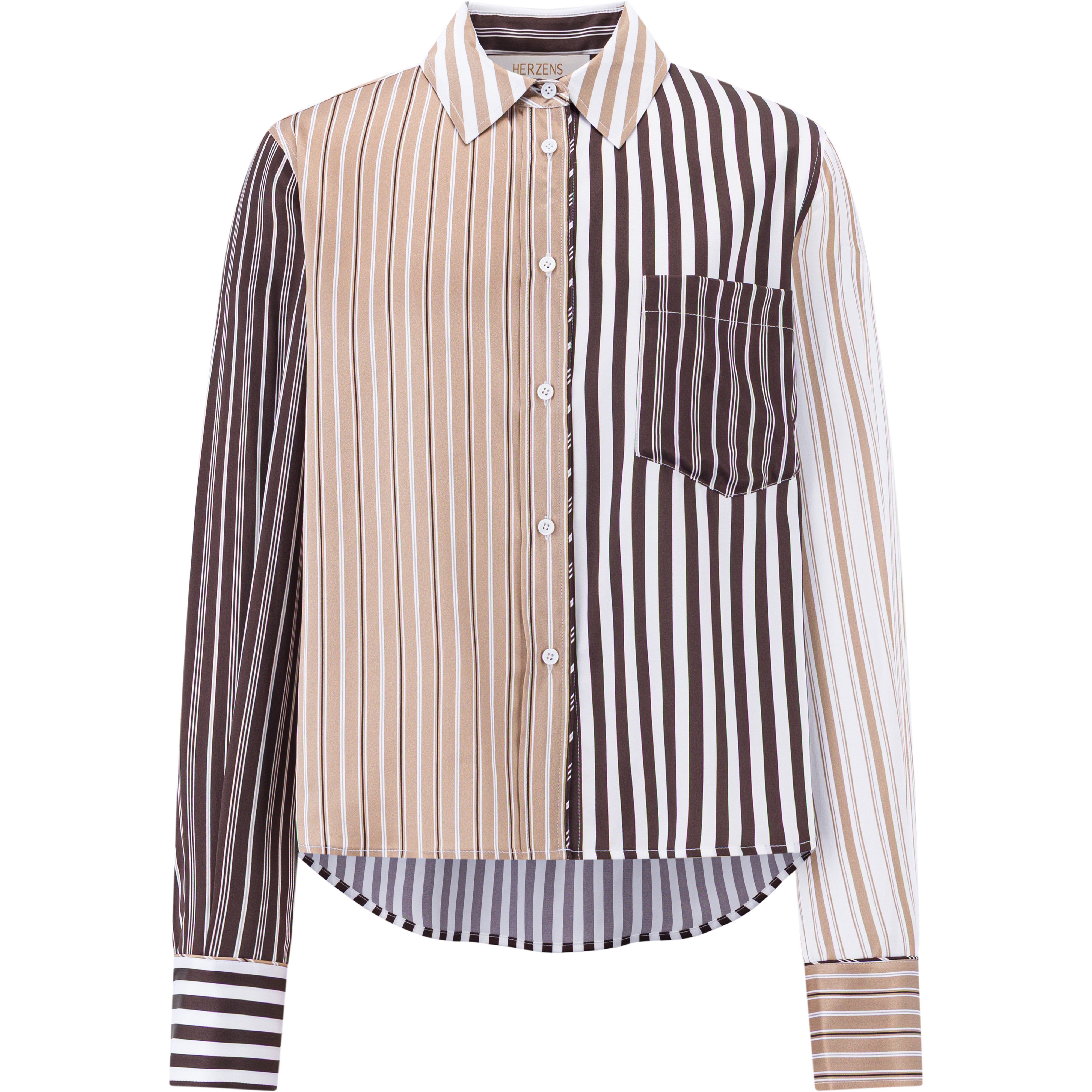 Herzensangelegenheit Seidenbluse Weiß – Streifen Braun Beige