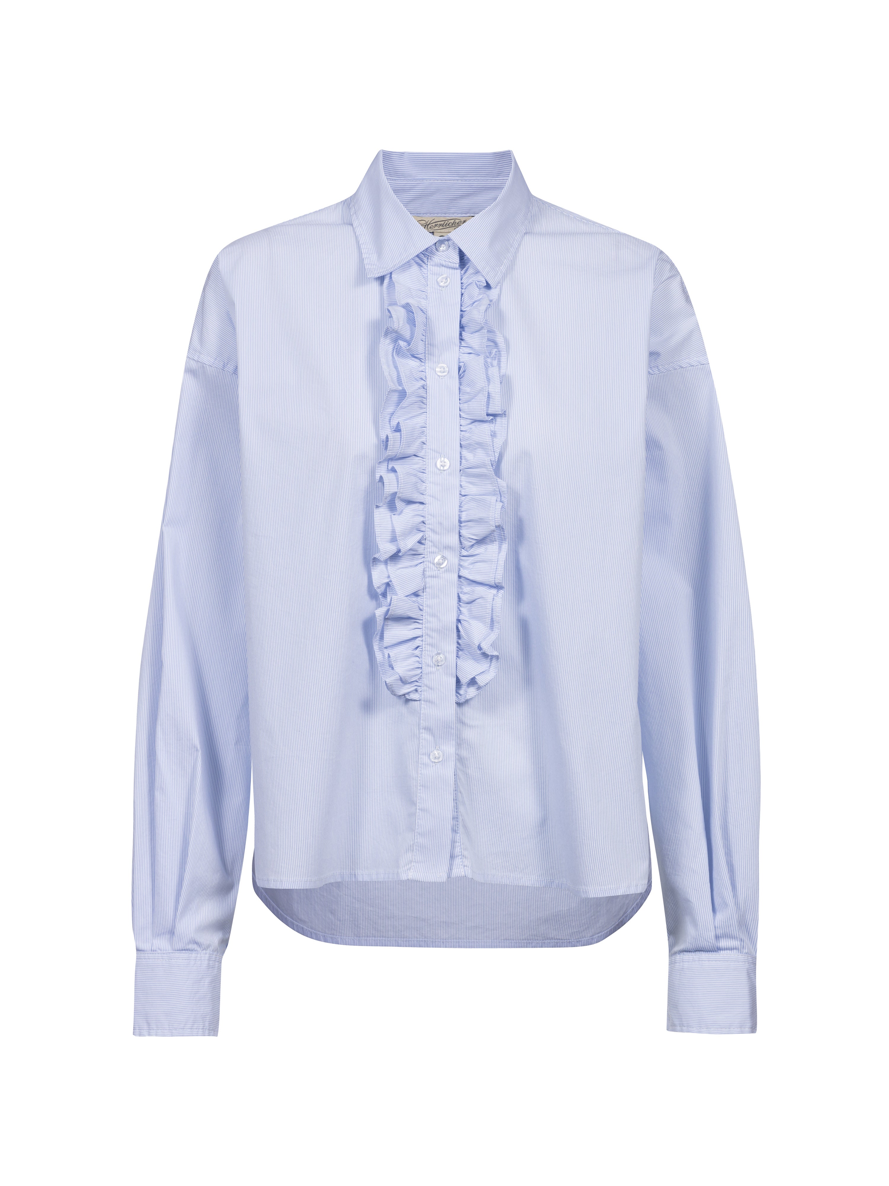 bluse, rüschen, blau, button-down, langarm