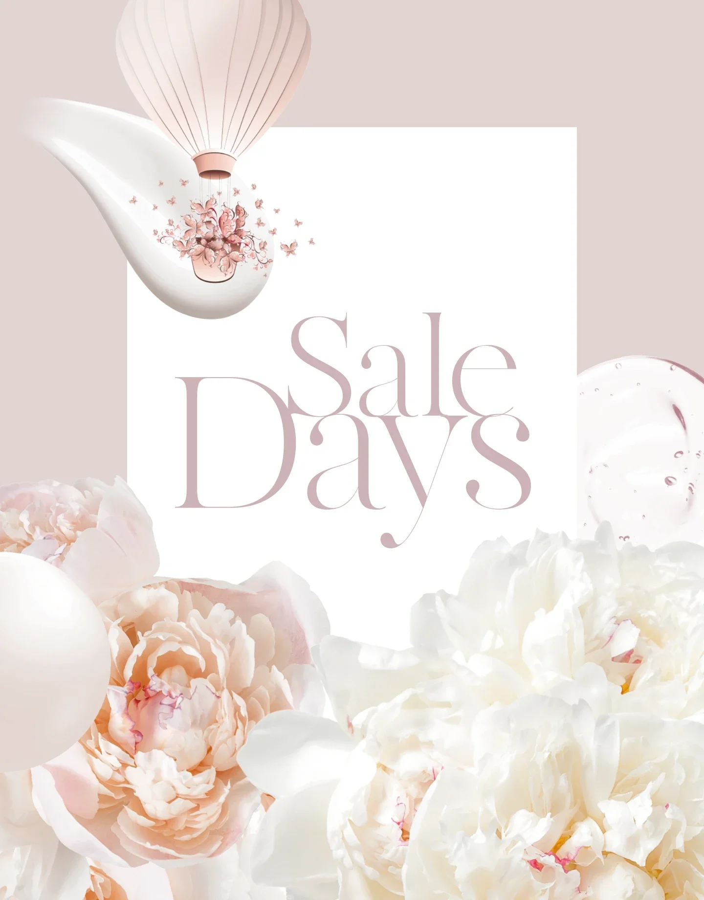 Sale-Poster, Blumenmotiv, Pfingstrosen, Heißluftballon, Pastellfarben