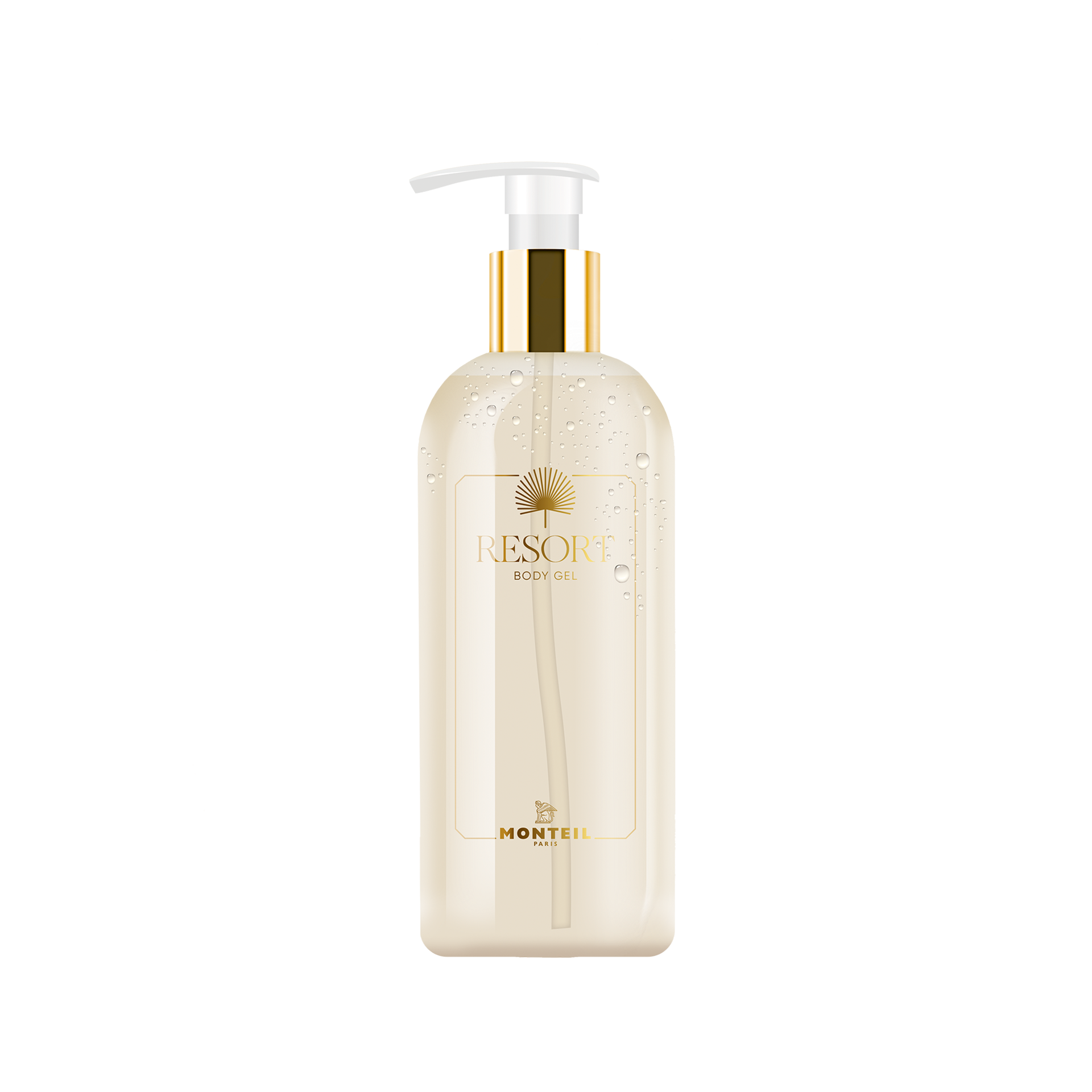 Body Gel, Creamy Lotion, Beige bottle, Pump dispenser, Monteil logo